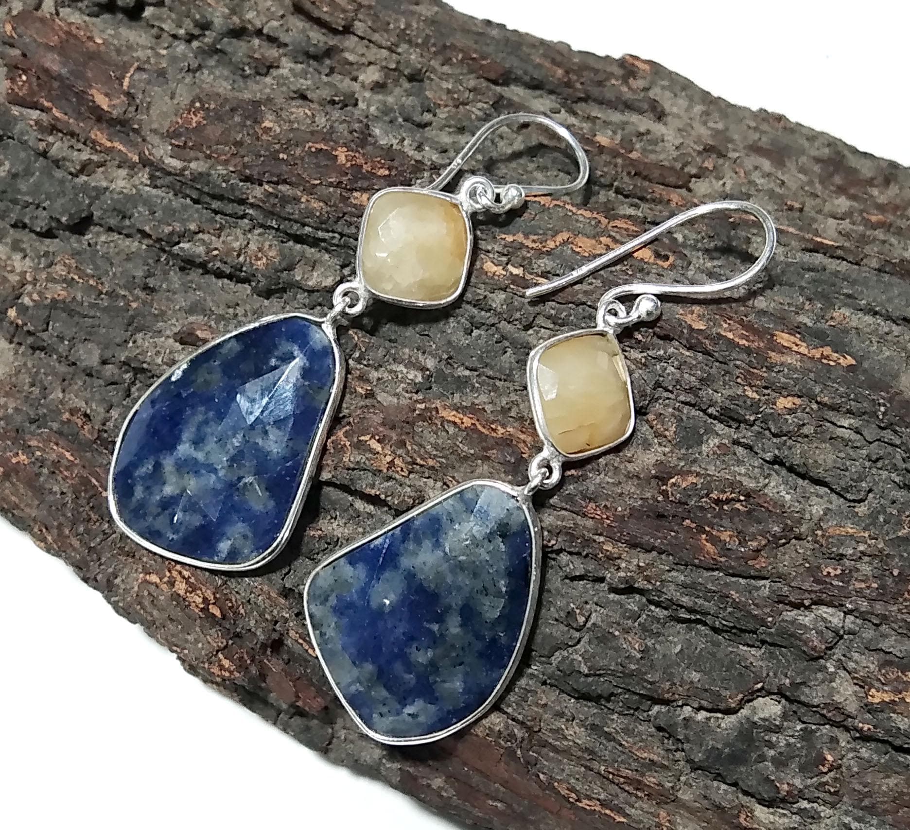 Very Nice Earring ! Yellow Sapphire & Blue Jade Natural Gemstone Earring, 925 Solid Starling Silver Jewelry, Handmade Bezel Earring For Gift
